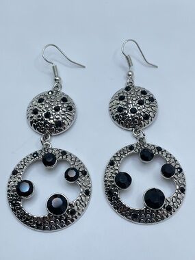 Silver Tone Black Crystal Dangle Earrings Bold Textured Statement